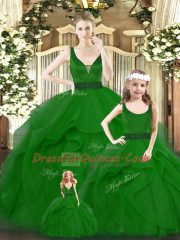 Green V-neck Zipper Ruffles Quinceanera Gown Sleeveless