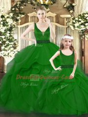 Green V-neck Zipper Ruffles Quinceanera Gown Sleeveless