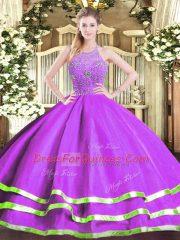 Eggplant Purple Tulle Zipper Vestidos de Quinceanera Sleeveless Floor Length Beading