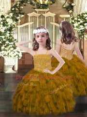 Tulle Sweetheart Sleeveless Lace Up Beading and Ruffles Quinceanera Gown in Brown