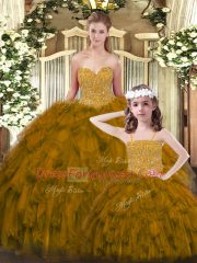 Tulle Sweetheart Sleeveless Lace Up Beading and Ruffles Quinceanera Gown in Brown