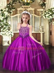 Customized Straps Sleeveless Satin Child Pageant Dress Beading Lace Up