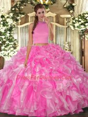 Vintage Halter Top Sleeveless Backless Quince Ball Gowns Rose Pink Organza