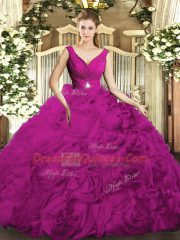 Fuchsia Backless V-neck Beading and Ruching Quinceanera Dress Fabric With Rolling Flowers Sleeveless