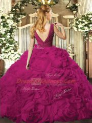Fuchsia Backless V-neck Beading and Ruching Quinceanera Dress Fabric With Rolling Flowers Sleeveless