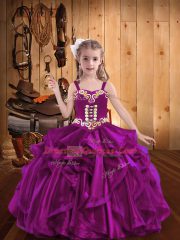 Fuchsia Ball Gowns Embroidery and Ruffles Kids Formal Wear Lace Up Organza Sleeveless Floor Length