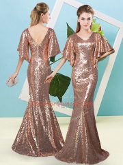 Sophisticated V-neck Half Sleeves Evening Dress Floor Length Sequins Brown Sequined