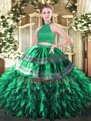 Dark Green Ball Gowns Satin and Organza Halter Top Sleeveless Beading and Embroidery and Ruffles Floor Length Backless 15th Birthday Dress