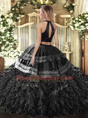 Dark Green Ball Gowns Satin and Organza Halter Top Sleeveless Beading and Embroidery and Ruffles Floor Length Backless 15th Birthday Dress
