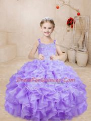 Eye-catching Ball Gowns Little Girl Pageant Gowns Lavender Straps Organza Sleeveless Floor Length Lace Up