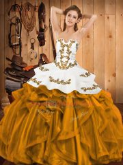 Wonderful Gold Satin and Organza Lace Up Quinceanera Gown Sleeveless Floor Length Embroidery and Ruffles