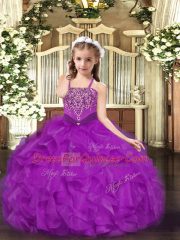 Sleeveless Lace Up Floor Length Beading and Ruffles Girls Pageant Dresses