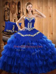 Classical Ball Gowns Sweet 16 Quinceanera Dress Blue Strapless Satin and Organza Sleeveless Floor Length Lace Up