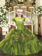 Olive Green Organza Lace Up Little Girl Pageant Gowns Sleeveless Floor Length Beading and Ruffles