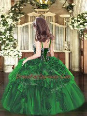 Olive Green Organza Lace Up Little Girl Pageant Gowns Sleeveless Floor Length Beading and Ruffles