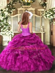 Sleeveless Organza Floor Length Lace Up Little Girl Pageant Gowns in Blue with Beading and Ruffles
