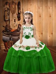 Green Straps Lace Up Embroidery and Ruffled Layers Little Girl Pageant Dress Sleeveless