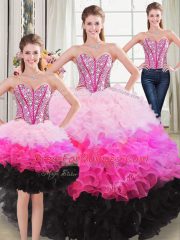 Multi-color Lace Up Sweetheart Beading and Ruffles 15th Birthday Dress Organza Sleeveless