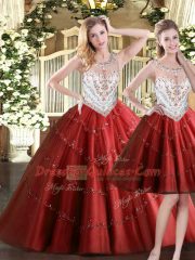 High Quality Wine Red Quinceanera Gowns Military Ball and Sweet 16 and Quinceanera with Beading Scoop Sleeveless Zipper
