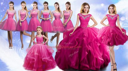 High End Sleeveless Organza Floor Length Lace Up Sweet 16 Dresses in Fuchsia with Beading and Ruffles