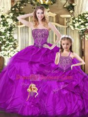 Fuchsia Ball Gowns Organza Strapless Sleeveless Beading and Ruffles Floor Length Lace Up Ball Gown Prom Dress