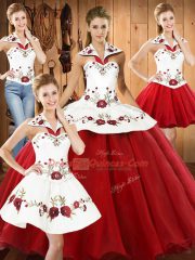 White And Red Sleeveless Floor Length Embroidery Lace Up Ball Gown Prom Dress
