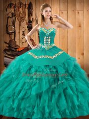 Satin and Organza Sleeveless Floor Length Quinceanera Gowns and Embroidery and Ruffles