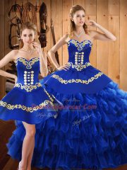 Floor Length Lace Up Ball Gown Prom Dress Blue for Military Ball and Sweet 16 and Quinceanera with Embroidery and Ruffled Layers