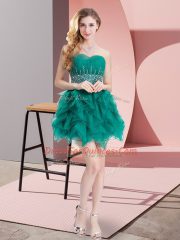 Stylish Sleeveless Mini Length Beading and Ruffles Lace Up Dama Dress for Quinceanera with Green