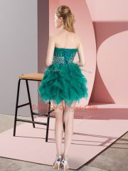 Stylish Sleeveless Mini Length Beading and Ruffles Lace Up Dama Dress for Quinceanera with Green