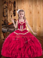 Coral Red Lace Up Little Girl Pageant Gowns Embroidery and Ruffles Sleeveless Floor Length
