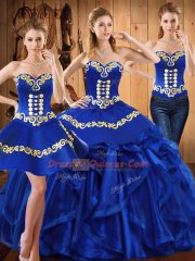 Royal Blue Ball Gowns Sweetheart Sleeveless Organza Floor Length Lace Up Embroidery and Ruffles Sweet 16 Dress