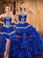 Royal Blue Ball Gowns Sweetheart Sleeveless Organza Floor Length Lace Up Embroidery and Ruffles Sweet 16 Dress