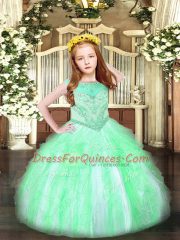 Custom Fit Apple Green Ball Gowns Organza Scoop Sleeveless Beading and Ruffles Floor Length Zipper Pageant Dress for Girls