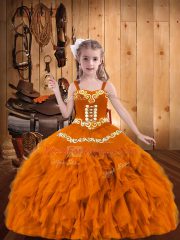 Organza Straps Sleeveless Lace Up Embroidery and Ruffles Kids Pageant Dress in Orange
