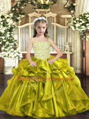 Yellow Green Organza Lace Up Kids Pageant Dress Sleeveless Floor Length Beading and Ruffles