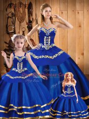 High Class Royal Blue Ball Gowns Sweetheart Sleeveless Organza Floor Length Lace Up Embroidery Quinceanera Dresses