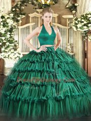 Fantastic Dark Green Organza Zipper Quince Ball Gowns Sleeveless Floor Length Ruffled Layers