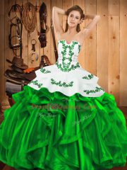 Ball Gowns Sweet 16 Dresses Green Strapless Satin and Organza Sleeveless Floor Length Lace Up
