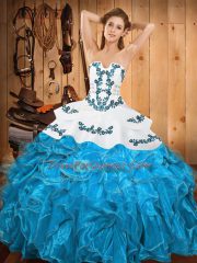Teal Ball Gowns Satin and Organza Strapless Sleeveless Embroidery and Ruffles Floor Length Lace Up Quince Ball Gowns