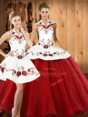 Elegant Wine Red Halter Top Neckline Embroidery Sweet 16 Dress Sleeveless Lace Up