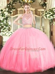 Fabulous Baby Pink Tulle Zipper Scoop Sleeveless Floor Length 15th Birthday Dress Beading