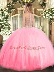 Fabulous Baby Pink Tulle Zipper Scoop Sleeveless Floor Length 15th Birthday Dress Beading