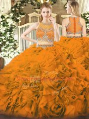 Sleeveless Floor Length Beading Zipper Quinceanera Dress with Orange Red