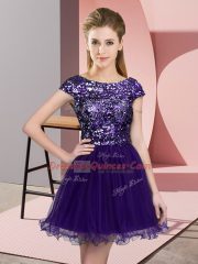 Custom Design Purple Cap Sleeves Sequins Mini Length Dama Dress for Quinceanera