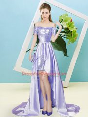 Superior Lavender Empire Elastic Woven Satin and Sequined Off The Shoulder Short Sleeves Sequins High Low Lace Up Homecoming Dress