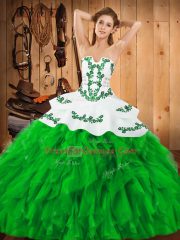 Green Satin and Organza Lace Up Strapless Sleeveless Floor Length 15th Birthday Dress Embroidery and Ruffles