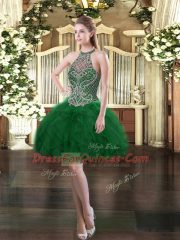 Floor Length Dark Green Sweet 16 Dress High-neck Sleeveless Lace Up