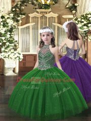 Beauteous Halter Top Sleeveless Lace Up Sweet 16 Dresses Dark Green Tulle
