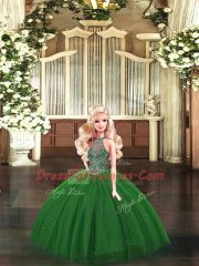Beauteous Halter Top Sleeveless Lace Up Sweet 16 Dresses Dark Green Tulle